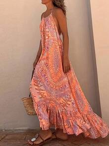 Women's Halter Neck Tie - Dye Maxi Dress, Sleeveless, Ruffled Hem, Loose Fit, Bohemian Style, Perfect For Beach & Vacation, Lightweight & Flowy - 橘色 - 查看 1