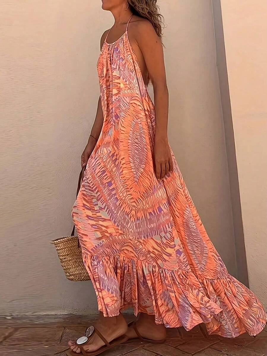 Women's Halter Neck Tie - Dye Maxi Dress, Sleeveless, Ruffled Hem, Loose Fit, Bohemian Style, Perfect For Beach & Vacation, Lightweight & Flowy - 橘色 - 查看 1