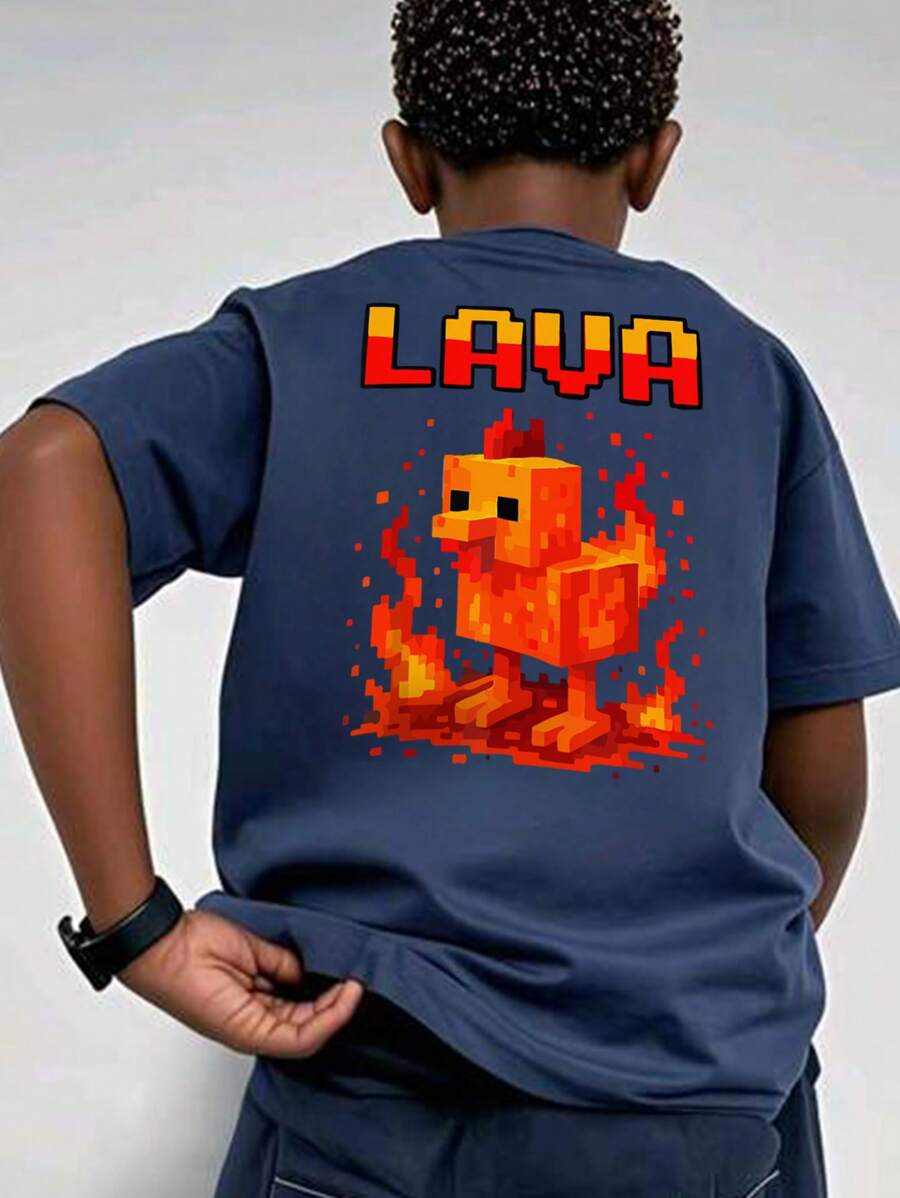 男孩和青少年学生休闲印花圆领短袖T恤，夏季上衣 - 藏蓝色 - 查看 1