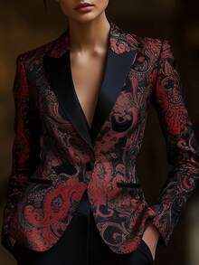 High Quality Elegant Retro Fashion Paisley Pattern Suit Jacket For Women, Satin Stitching Collar, Can Be Worn In All Seasons - Black - View 1