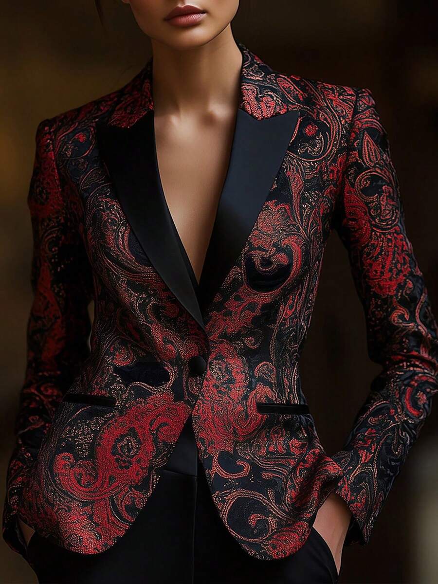 High Quality Elegant Retro Fashion Paisley Pattern Suit Jacket For Women, Satin Stitching Collar, Can Be Worn In All Seasons - Black - View 1
