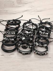 10/20/30Pcs Men's Cool Punk Style Hip Hop Faux Leather Bracelet Skull Cross Star Design Vintage Hand Jewelry For Men Women Gifts Thanksgiving Father's Day Graduation Creative Metal Dots Fashion Jewelry - 黑色 - 查看 3