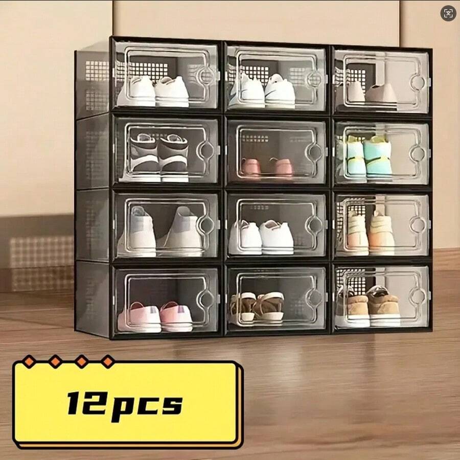 6/12 Thick Transparent Shoe Box, Foldable And Stackable Shoe Box, Free Combination, Plastic Sports Shoe Container, Closet Organization System, Space Saving Storage - màu đen - Xem 1