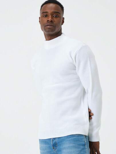Men Pale Speckled Plain Knitted Crew Neck Sweater