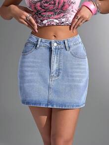 Jeanoix Women Summer Casual Slim Fit Washed Denim Mini Skirt - Medium Wash - View 3