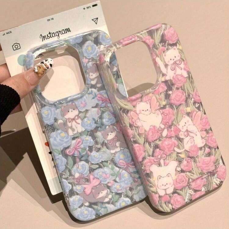 Funda para phone 16, 15, 13 Funda para teléfono con diseño de plumas de gato, pantalla completa, gasa, IMD, 14, 12, 11 Pro, 14, 15, 16 Plus. - azul claro - Añade 3