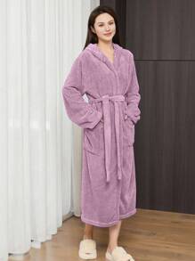 女士珊瑚绒连帽浴袍，长款，多种颜色可选，男女通用，3D菠萝图案设计，柔软蓬松保暖，带腰带和口袋，女士家居服，休闲服，可作毛巾、浴袍、女士浴巾使用，超柔软绒毛