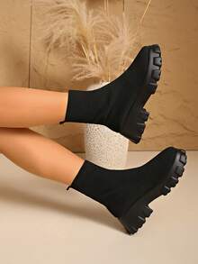 New Plus Size Women's Boots, Elastic Sock Boots, Casual High-Top, Breathable, Lightweight, Knitted Mid-Calf, Thick Sole, Outdoor, Vacation, Stitching, Solid Color, Comfortable, Daily, Non-Slip, Outdoor, Party, Polyurethane Sole, Soft, Not Heavy, Not Tiring, Outdoor - Black - View 5