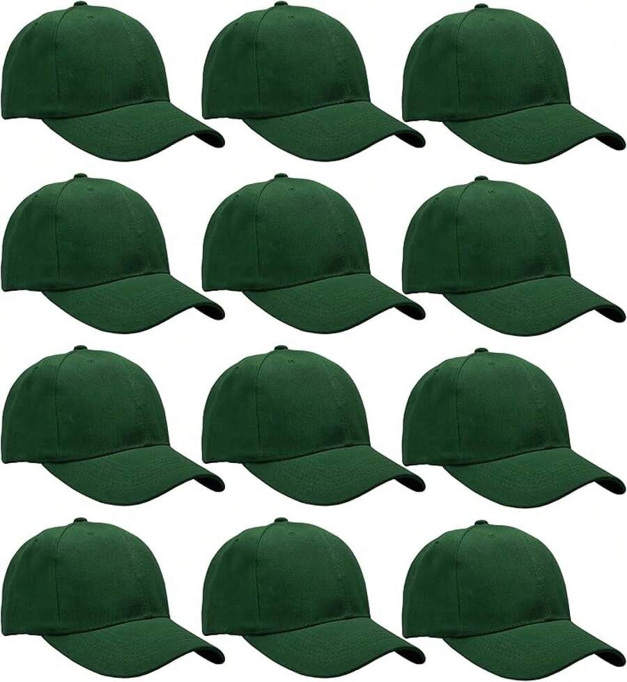 Bulk Lot 12-Pack Adjustable Size Plain Blank Solid Color Baseball Caps - Hunter Green - View 1