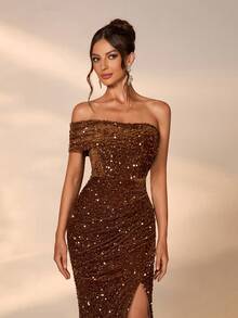 Elisanya Autumn/Winter Velvet Sequin Luxury Elegant Lady Banquet Gown, Removable Long Sleeve Trailing Dress, High Waist Party Dress Occasions - Coffee Brown - View 3