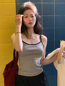 女士复古条纹吊带背心，露背无袖衬衫，夏季新品 - 白色 - 查看 4