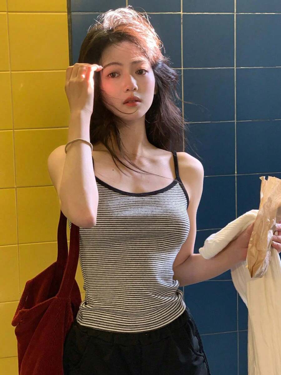 Áo ba lỗ sọc cổ điển dành cho nữ, áo sơ mi hở lưng không tay, hàng mới về mùa hè - trắng - Xem 1