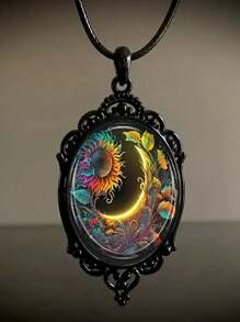 1pc Vintage Elegant Halloween Oval Sunflower Glass Cabochon Pendant Necklace