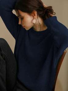 Knit Mix 优雅女士针织法式通勤毛衣，休闲宽松长袖圆领套头衫，适合秋冬季、圣诞节、感恩节、新年、情人节等节日穿着，也是返校季和秋季女装的理想之选。 - 藏青 - 查看 4