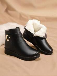 Autumn/Winter Thermal-Lined Short Boots, Anti-Slip Mom Shoes, Black Flat/Chunky Heel Short Ankle Boots, Warm