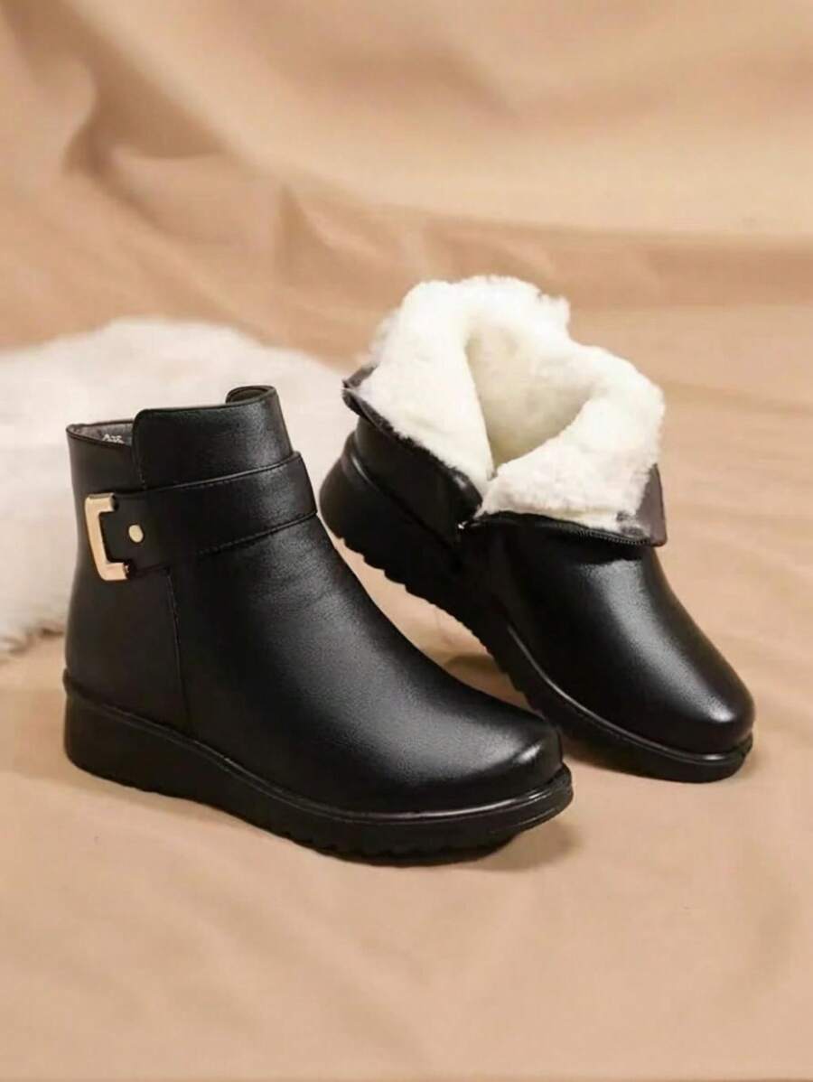 Autumn/Winter Thermal-Lined Short Boots, Anti-Slip Mom Shoes, Black Flat/Chunky Heel Short Ankle Boots, Warm