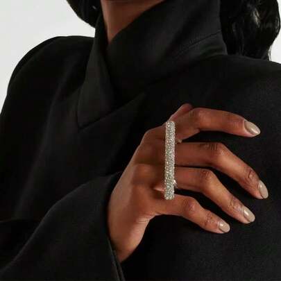 1 双指戒指，几何简约，镶嵌水钻，可调节戒指，女士配饰