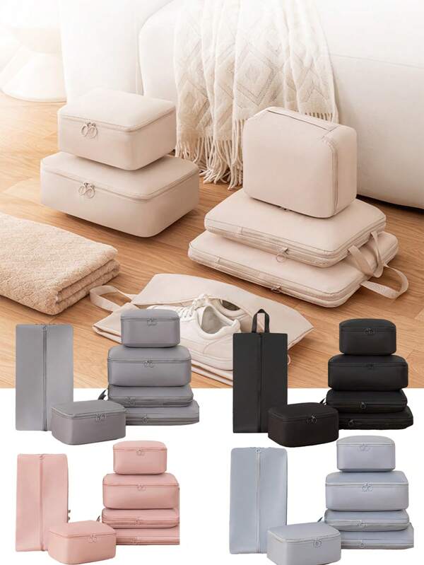 6 Pcs Compression Packing Cubes,Travel Bag Set,Travel Storage Bag Set,For Travel,For College Dorm,For School,For Vacation Holiday,With Shoe Bag,With Lingerie Bag,With Underwear Cube,With Socks Bag,With Laundry Bag Graduation