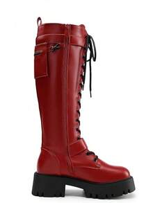 Women's Combat Riding Platform Knee High Boots, Lace Up Fall Lug Sole Gothic Motorcycle Boots With Inside Zipper, 2025 Style - Red - View 4