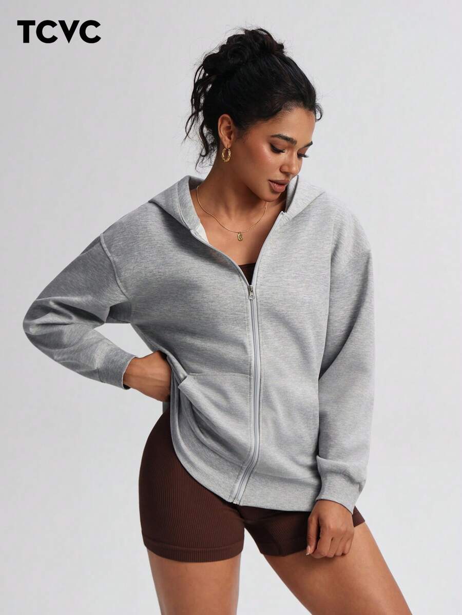 TCVC 女士休闲拉链连帽衫，舒适针织面料，宽松长袖，适合室内/室外瑜伽和休闲活动，秋冬季