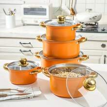 5 件套不锈钢炊具套装 - 厨房和餐厅必备，适用于电磁炉、砂锅、双柄芝士锅和盖子，适用于汤、火锅、意大利面、海鲜汤、米饭烹饪 - 橙色 - 橘色 - 查看 3