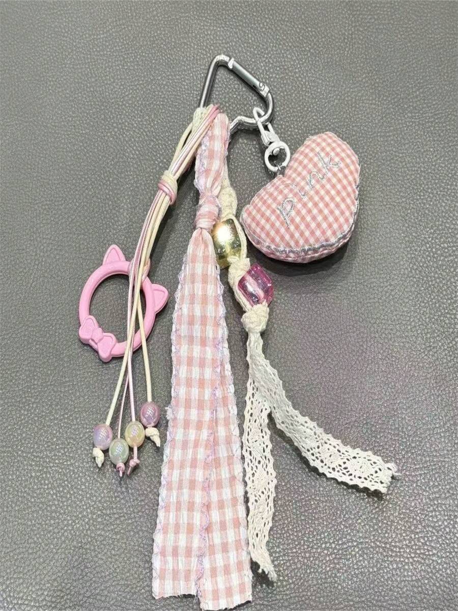 Ins 风格可爱格子挂绳心形吊坠包/手机挂饰独特钥匙扣包包钥匙扣汽车配件女士 - 粉色 - 查看 1
