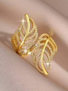 1 chiếc nhẫn đính hôn hình lá nhiều lớp mộng mơ đính đá Zirconia, mạ vàng, phù hợp cho nữ đeo hàng ngày, có thể mở ra, quà tặng trang sức. - Vàng - Xem 1