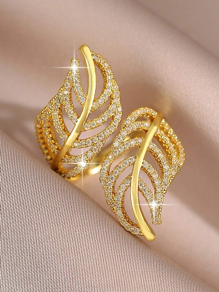 1 chiếc nhẫn đính hôn hình lá nhiều lớp mộng mơ đính đá Zirconia, mạ vàng, phù hợp cho nữ đeo hàng ngày, có thể mở ra, quà tặng trang sức. - Vàng - Xem 1