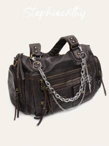 STEPHIECATHY 纯色水洗柔软PU仿皮，拉链闭合，多口袋设计，双短肩带，可调节腰带，男女通用，复古休闲实用，适合上学和日常通勤。 - 咖啡 - 查看 5