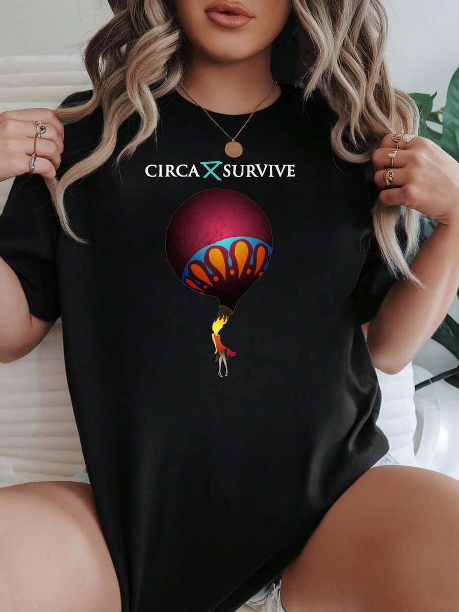 Women's-Shirt Loose Fit Black White Options Hot Balloon And Circa Survive Print Casual Daily Wear Shirts Summer Tops Graphic Tees Summer Outfits Women Graphic Tees Women Crop Tops Tops Women Vintage Cotton Cute Clothes Women - 黑色 - 查看 1
