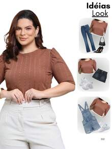 Women's Plus Size Slim Lesse Short Sleeve Social Casual Comfort Blouse - Rust Brown - View 6