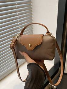 New Fashion Women's Handbag, Textured Fabric Patchwork Contrast Color Small Square Bag, Large Capacity Tote Bag, Minimalist Stylish Crossbody Bag With Detachable Adjustable Shoulder Strap - Khaki - View 1