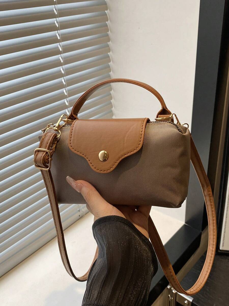 New Fashion Women's Handbag, Textured Fabric Patchwork Contrast Color Small Square Bag, Large Capacity Tote Bag, Minimalist Stylish Crossbody Bag With Detachable Adjustable Shoulder Strap - Khaki - View 1