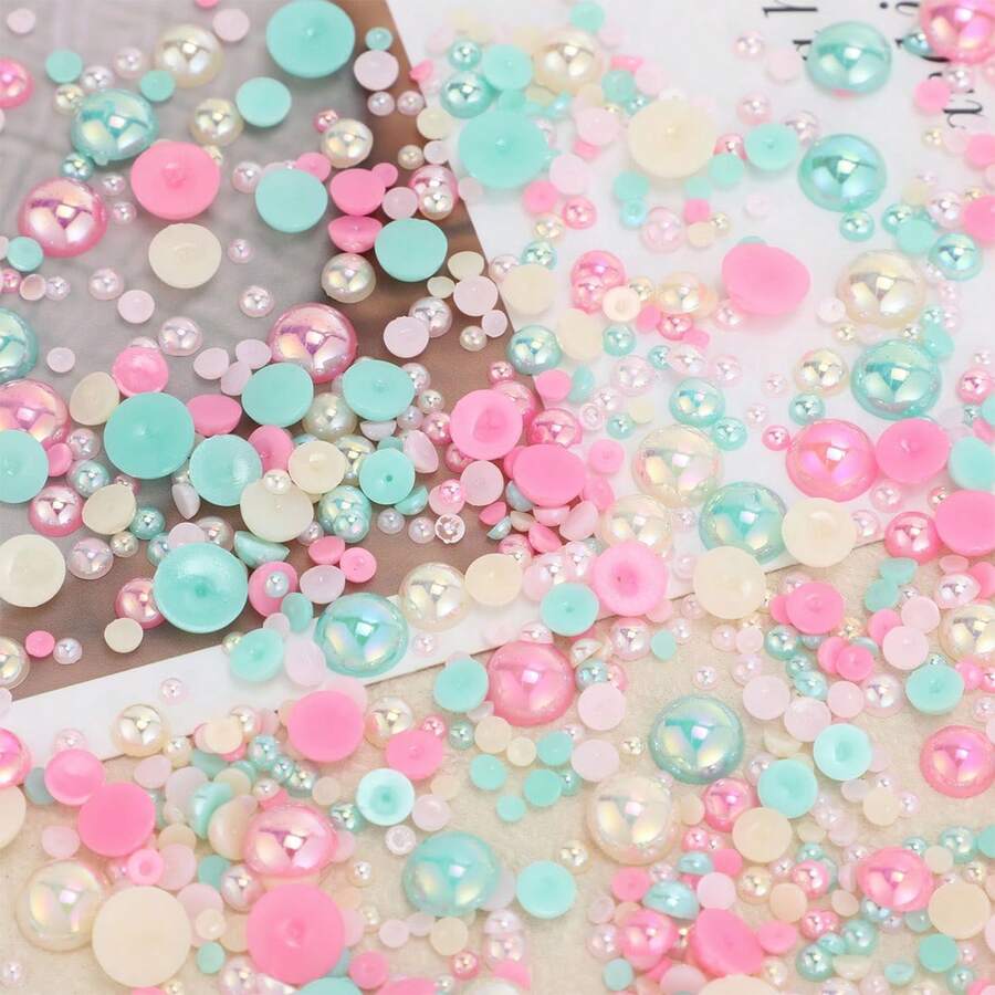 1,100pcs 3-10mm Mixed Pearl Resin Rhinestone Flat Back Pearls For DIY Phone Case Decoration, Jewelry Making, Crafts, Clothing, Accessories, Cosmetics, Home Decor - Pink Green Yellow - View 1