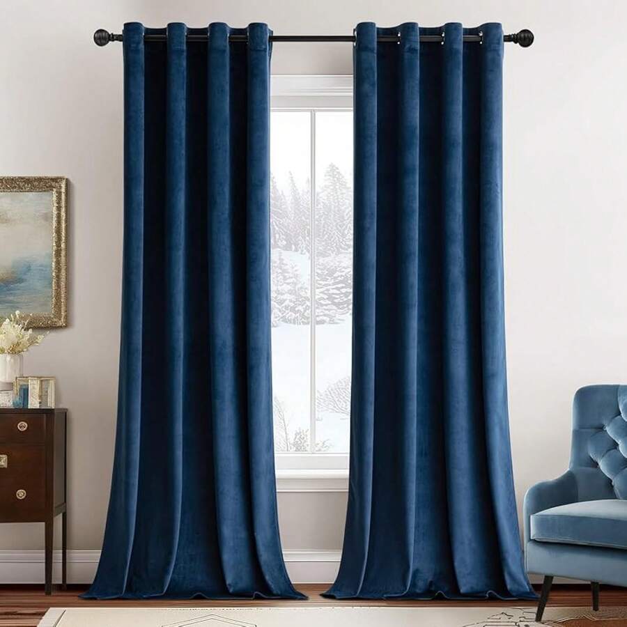 2 Panels Blackout Curtains Solid Soft Grommet Mustard Yellow Thermal Insulated Soundproof Room Darkening Curtains/Drapes/Panels Fall Living Room Bedroom 52 X 90 Inch - Navy Blue - 查看 1