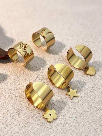 1pc Fashionable Stainless Steel Ring Featuring Stars, Moon & Flowers; 18k Gold Plated, Non-Fading; Open Ended, Perfect For Valentine's Day Gift Valentines,Mom,Mother,Mother's Day,Gift