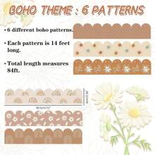 84Ft Boho Bulletin Board Borders, Boho Classroom Decorations, Retro Floral Daisy Sun Rainbow Dot Trim Borders For Teacher School Supplies Classroom Door Wall Decor, 6 Styles, Brown