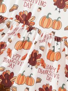 Thanksgiving Girls Autumn/Winter New Long Sleeve Round Neck Letter Cute Turkey Random Full Print Trumpet Sleeve Hemp Double Layer Lace Lady Dress