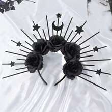 1 件哥特式黑女巫玫瑰头带，金色太阳和月亮发饰，万圣节舞台表演服装道具 - 彩色 - 查看 4