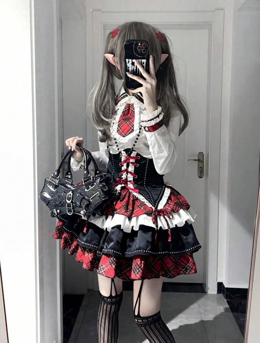 Lolita Dresses - Röd rutig fluga - Visa 1