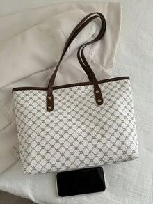 新款复古花卉印花女士托特包，大容量超轻铆钉装饰，适合通勤、购物、办公室、大学 - 白色 - 查看 8