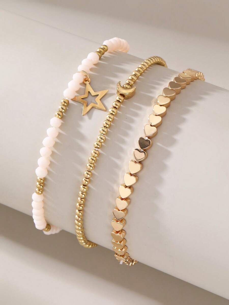 3件套时尚波西米亚海滩度假心形、星星、月亮串珠脚链套装女士