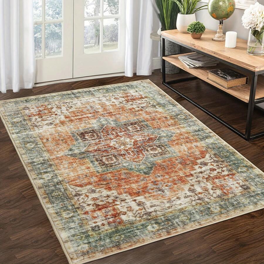 1Pc Bohemian Vintage Floral Distressed Area Rugs - Washable, Low Pile, Large Retro Orange Brown Indoor Floor Rugs For Living Room, Bedroom, Dining, Office, Garden - Durable & Stylish Home Decor, Rugs For Living Room, Low Pile Carpet - 樣式 1 - 查看 1