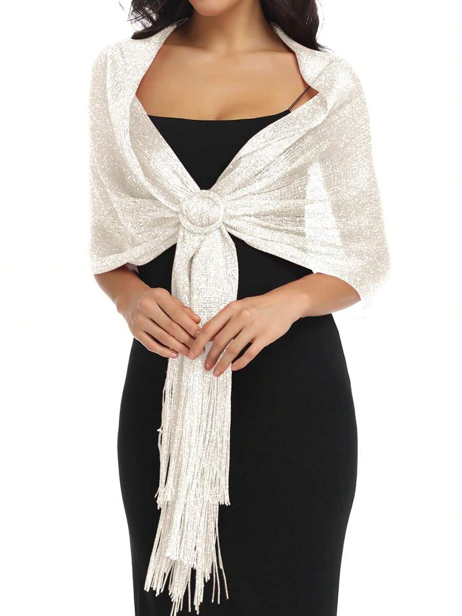 1pc Shiny Silver Thread Flat Shawl With Clasp, Suitable For Brides, Formal Dances, Paired With Evening Gowns, Graduation Ceremonies