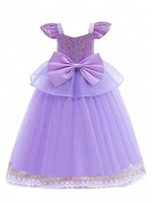 少女优雅紫色网纱亮片短袖连衣裙
