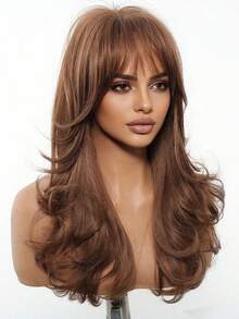 22英寸中长款棕色卷发假发，天然耐热合成假发，适合女性日常佩戴、参加派对和通勤。 - 棕色 - 查看 4