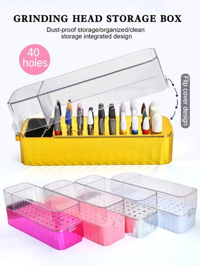 40孔镜面美甲钻头收纳盒，新款多色美甲钻头整理盒，带透明盖，桌面美甲钻头展示收纳盒