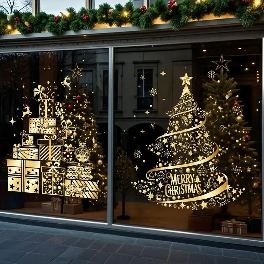 1pc Gold Christmas Tree Christmas Gift Static Cling Glass Window Sticker, Christmas Holiday Glass Sliding Door Decor Window Sticker  Christmas Decor  Christmas Decorations Stickers Wall Stickers Room Decor Wall Decor Christmas Decoration Home Decor