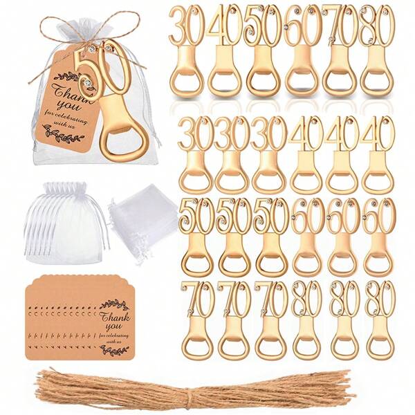 10 piezas de abrebotellas creativos de color dorado en 30/40/50/60/70/80, adecuados como regalos de cumpleaños 30/40/50/60/70/80, regalos de aniversario, recuerdos y regalos de boda, suministros de cocina y bar, recuerdos de fiesta