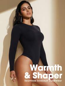 1件装女士无缝黑色圆领长袖连体衣，性感塑身连体衣，收腹、束腰、塑形 - 黑色 - 查看 6